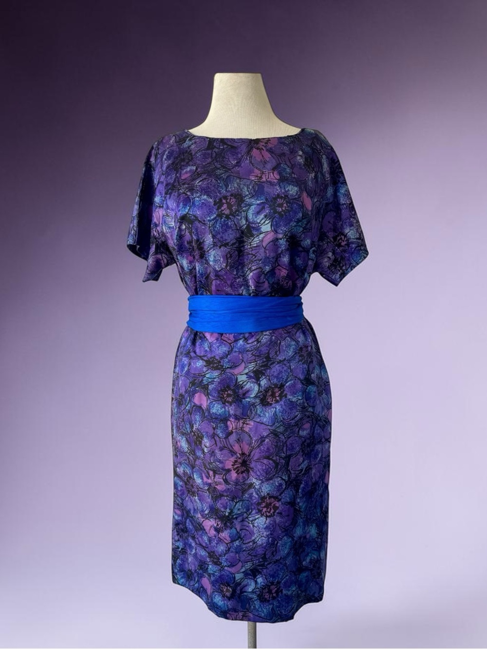 Vtg 60s Purple Blue Floral Dress XL Midi Handmade 50s Retro Rockabilly